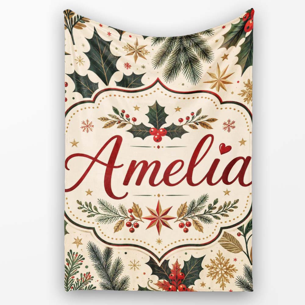 Elegant Christmas Holly Leaves with Berries and Stars Festive Lovely Personalised Custom Name Super Soft Fleece Blanket Bed Sofa Throw