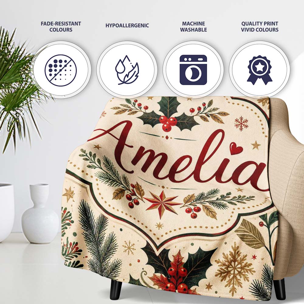Elegant Christmas Holly Leaves with Berries and Stars Festive Lovely Personalised Custom Name Super Soft Fleece Blanket Bed Sofa Throw