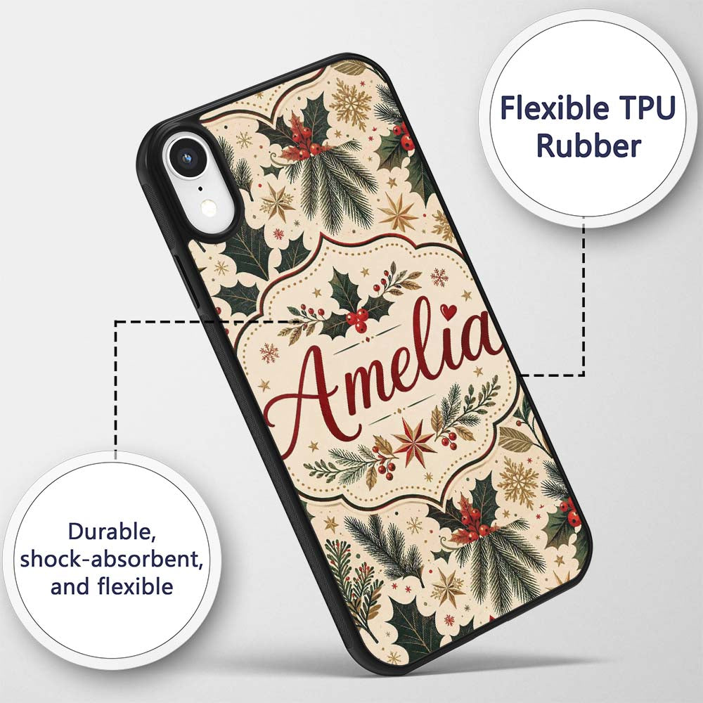 Elegant Christmas Holly Leaves with Berries and Custom Name Protective Phone Case Mobile Cover Durable Everyday Smartphone Shock Resistant