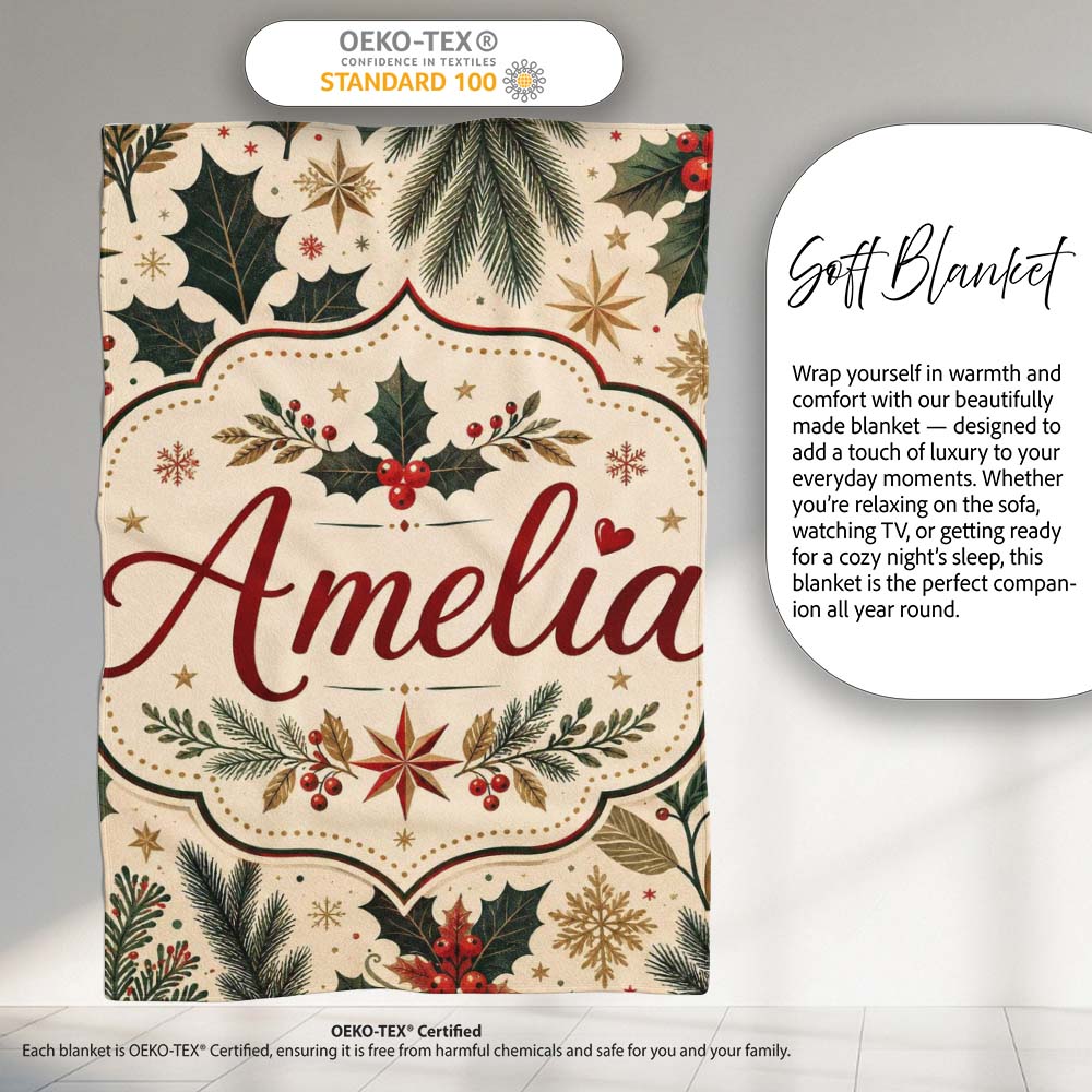 Elegant Christmas Holly Leaves with Berries and Stars Festive Lovely Personalised Custom Name Super Soft Fleece Blanket Bed Sofa Throw