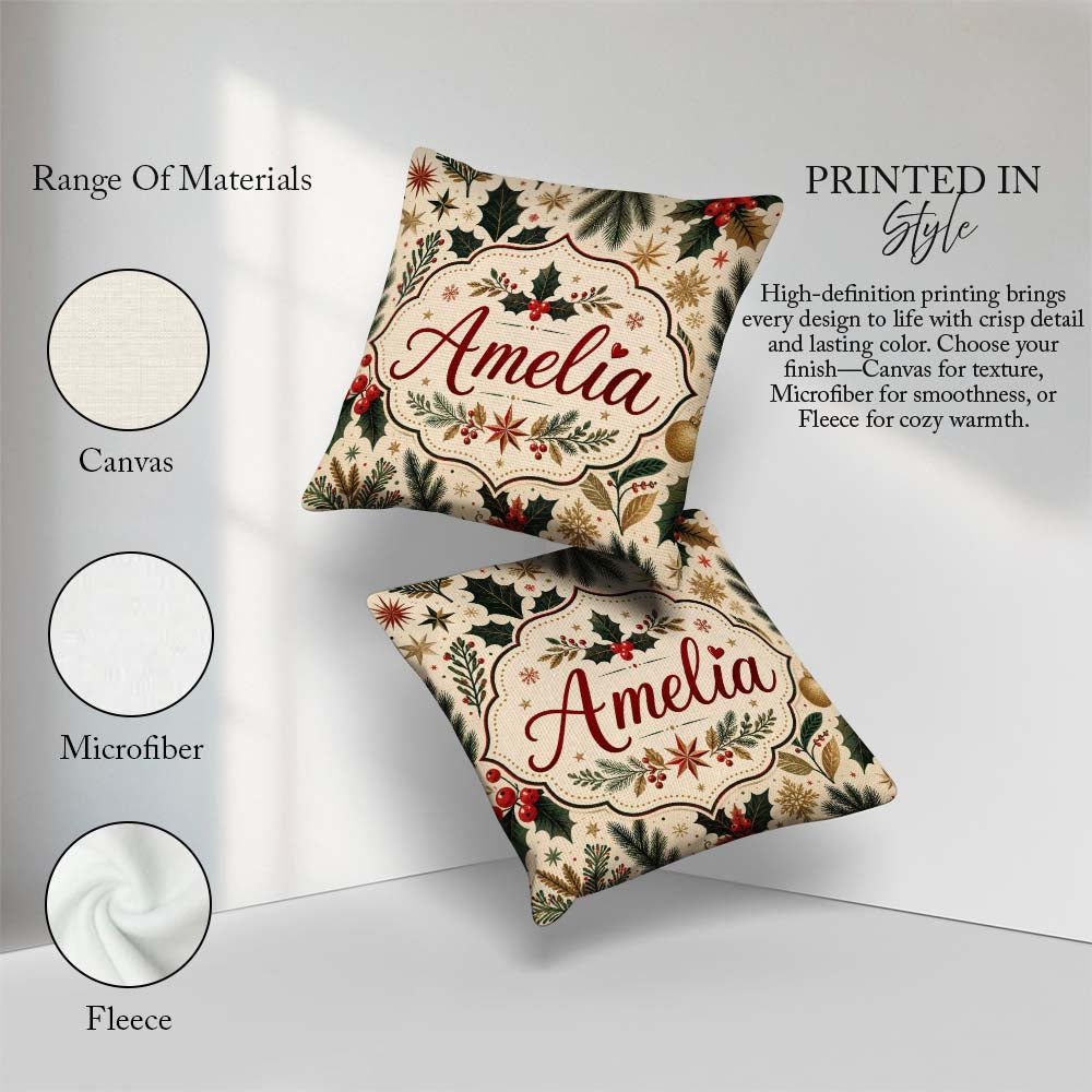 Custom Name Elegant Holly Leaves with Berries and Stars Festive Square Filled Cushion Throw Pillow Sofa Bed Home Decor Zip Washable UK Made