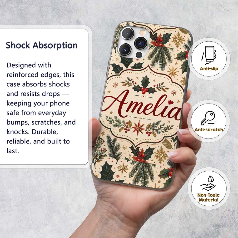 Elegant Christmas Holly Leaves with Berries and Custom Name Protective Phone Case Mobile Cover Durable Everyday Smartphone Shock Resistant