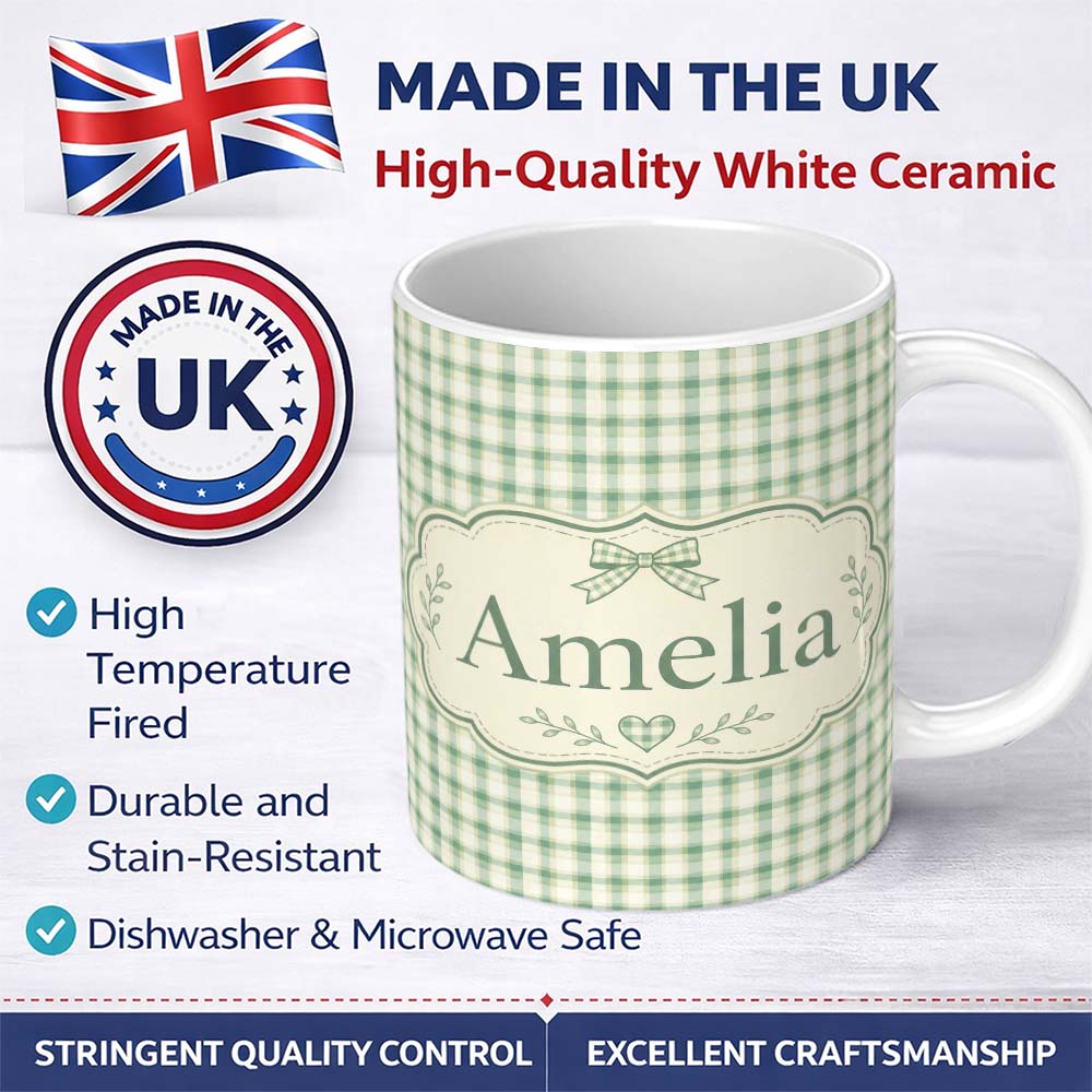 Personalized Custom Name Green and Cream Plaid Check Texture Seamless Pattern Lovely 11oz Ceramic Coffee Tea Mug White Large Handle