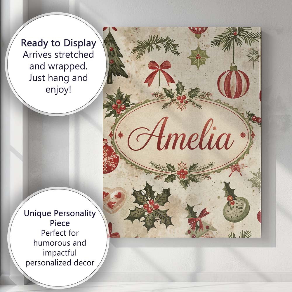 Personalised Name Classic Christmas Ornaments Custom Unique Gift Idea Modern Room Accent Canvas Wall Art Print Decor Picture Ready to Hang