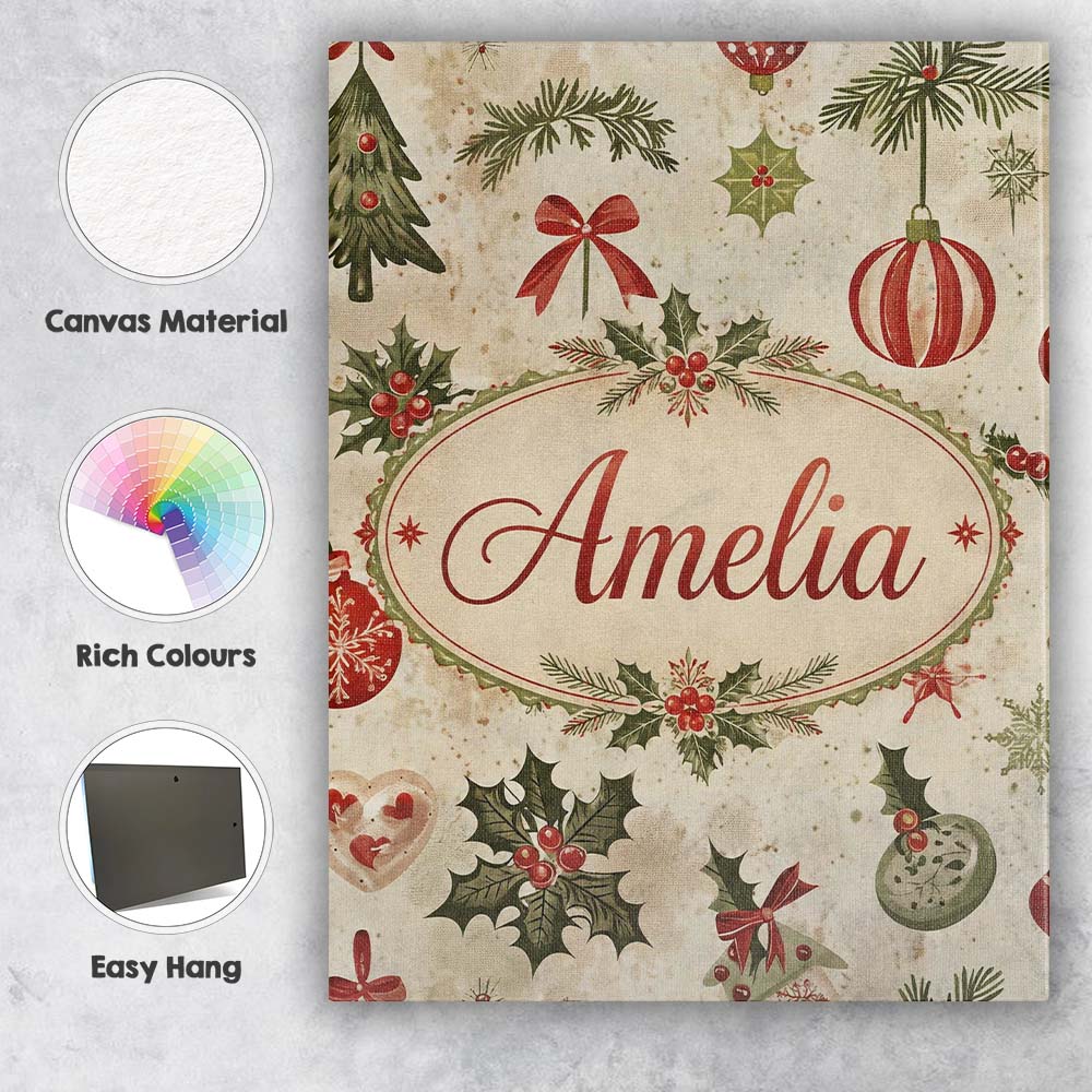 Personalised Name Classic Christmas Ornaments Custom Unique Gift Idea Modern Room Accent Canvas Wall Art Print Decor Picture Ready to Hang