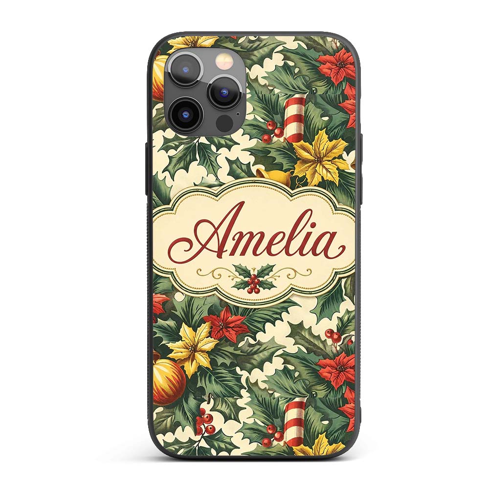 Elegant Christmas Holly Leaves with Bells and Custom Name Protective Phone Case Mobile Cover Durable Everyday Smartphone Shock Resistant