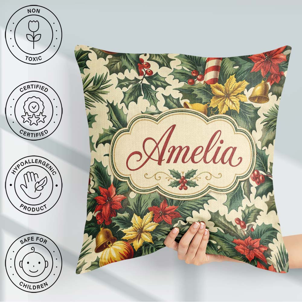 Custom Name Elegant Christmas Holly Leaves with Bells Poinsettia Square Filled Cushion Throw Pillow Sofa Bed Home Decor Zip Washable UK Made