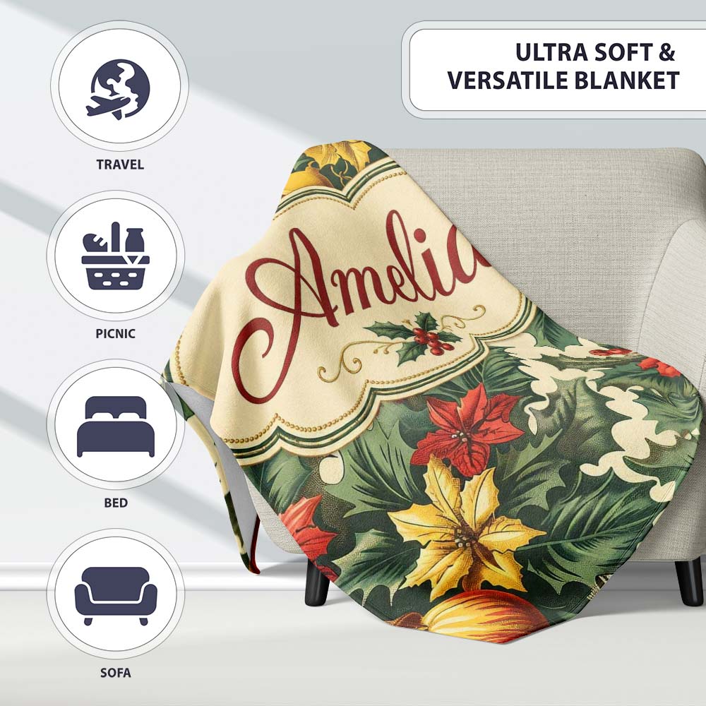 Elegant Christmas Holly Leaves with Bells and Poinsettia Festive Personalised Custom Name Super Soft Fleece Blanket Bed Sofa Throw