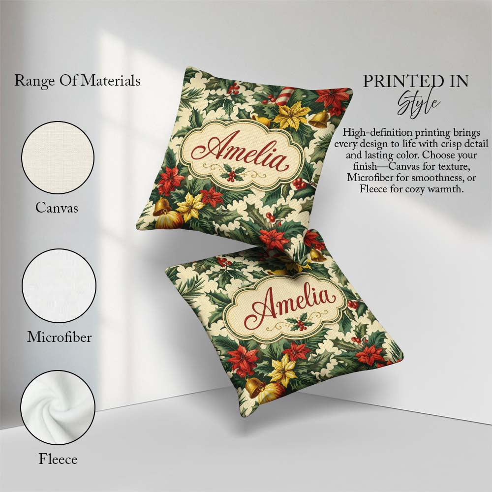Custom Name Elegant Christmas Holly Leaves with Bells Poinsettia Square Filled Cushion Throw Pillow Sofa Bed Home Decor Zip Washable UK Made