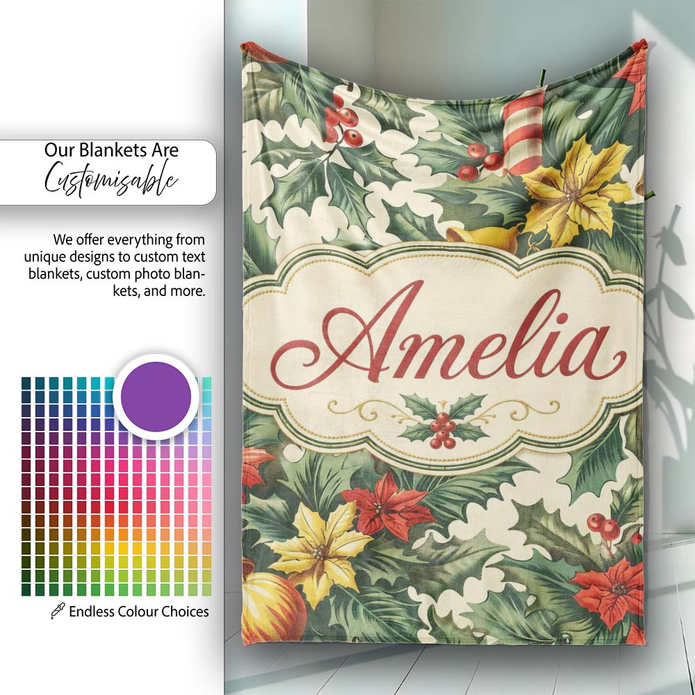 Elegant Christmas Holly Leaves with Bells and Poinsettia Festive Personalised Custom Name Super Soft Fleece Blanket Bed Sofa Throw