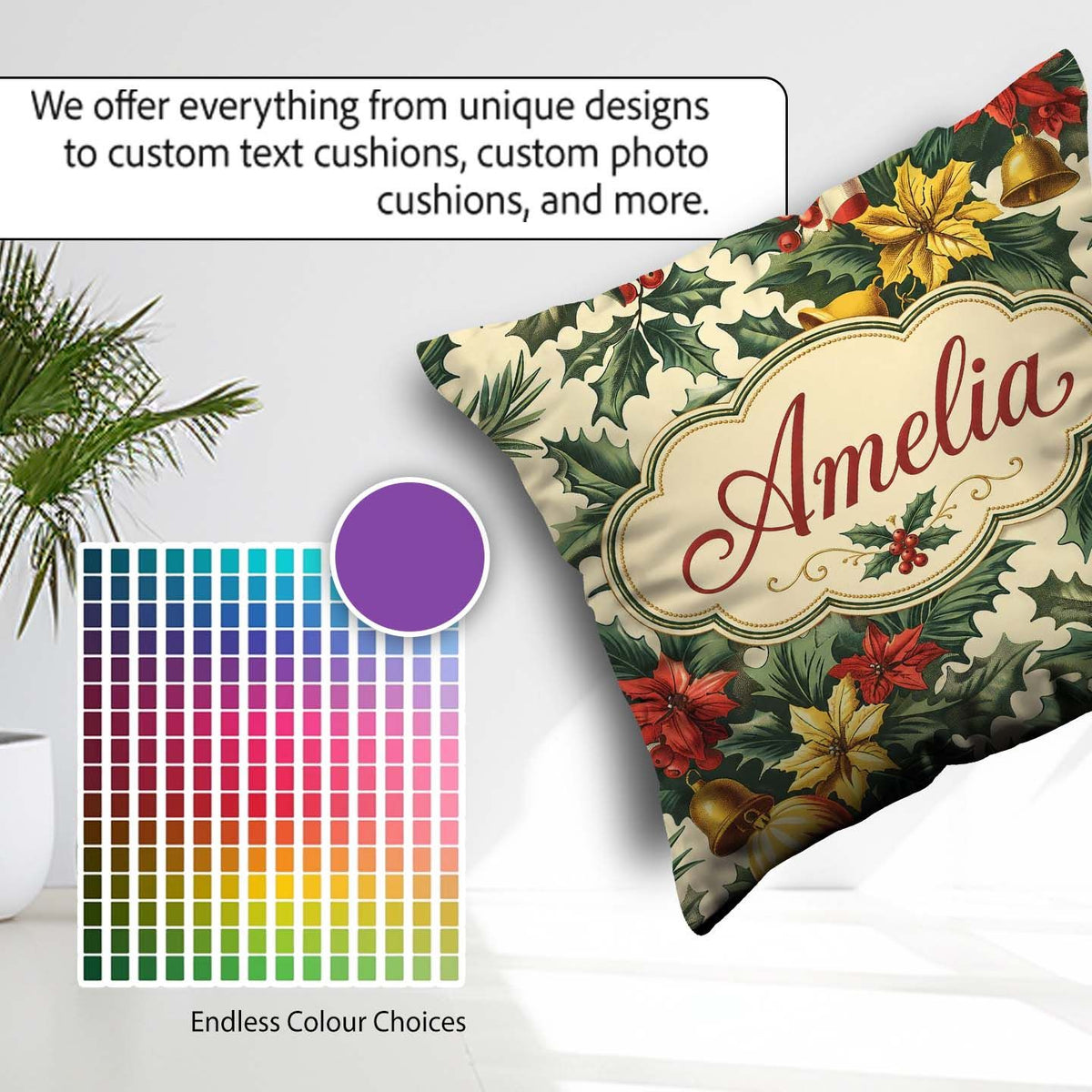 Custom Name Elegant Christmas Holly Leaves with Bells Poinsettia Square Filled Cushion Throw Pillow Sofa Bed Home Decor Zip Washable UK Made