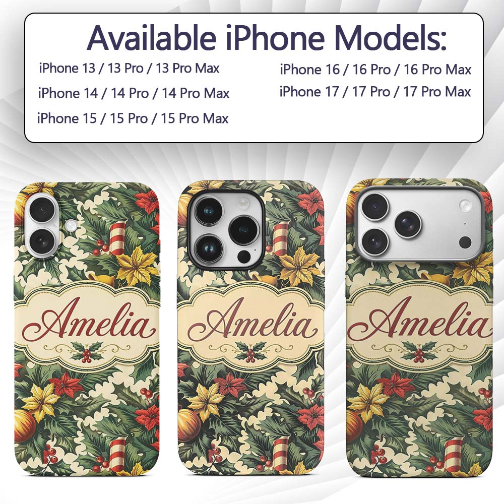 Elegant Christmas Holly Leaves with Bells and Custom Name Protective Phone Case Mobile Cover Durable Everyday Smartphone Shock Resistant
