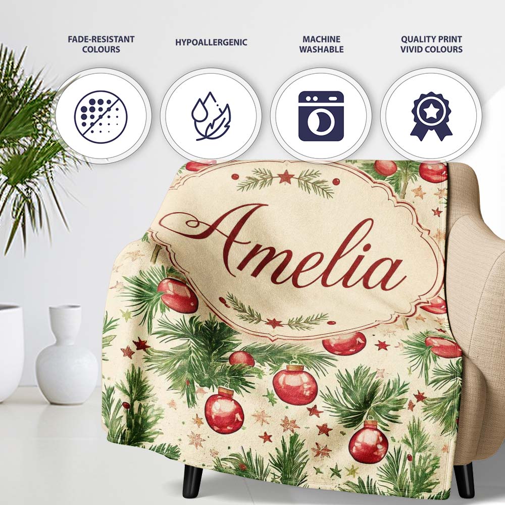 Vintage Pine Branches with Red Baubles Classic Christmas Holiday Personalised Custom Name Super Soft Fleece Blanket Bed Sofa Throw