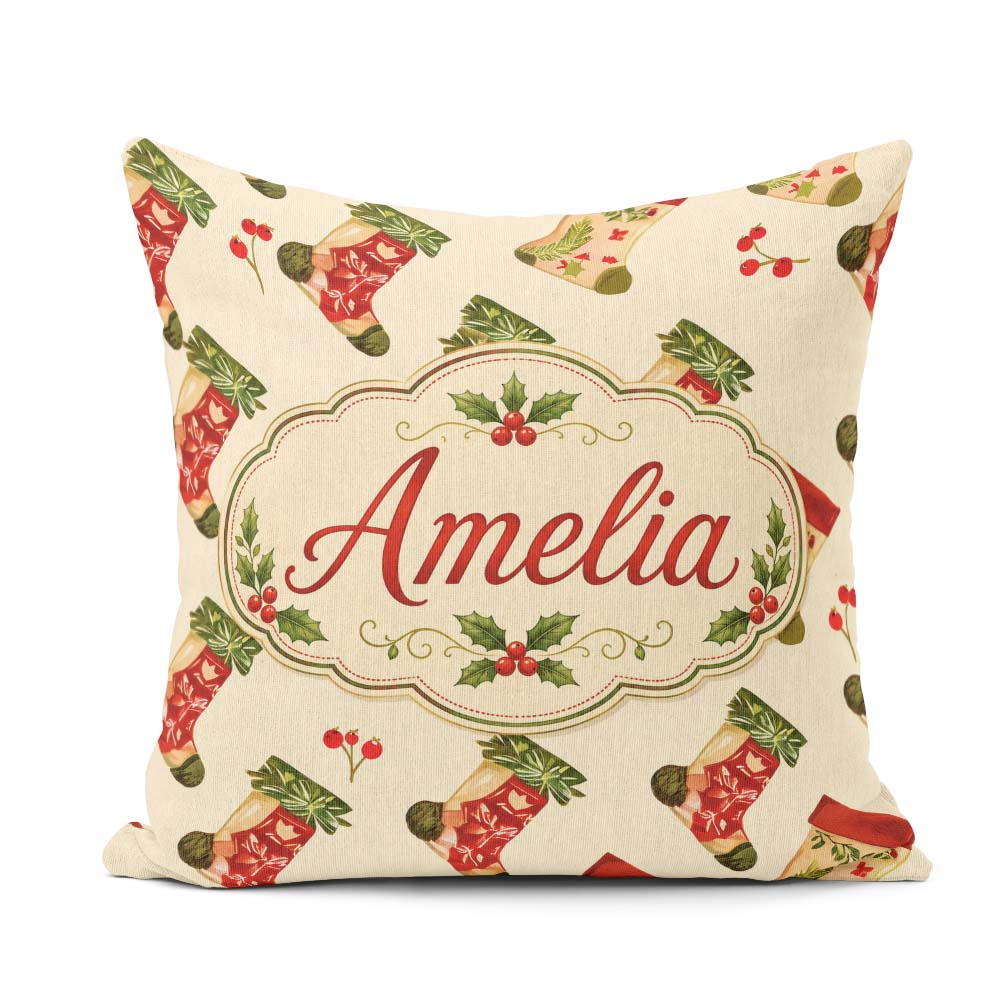 Custom Name Watercolor Christmas Stockings Holly Berries Festive Square Filled Cushion Throw Pillow Sofa Bed Home Decor Zip Washable UK Made