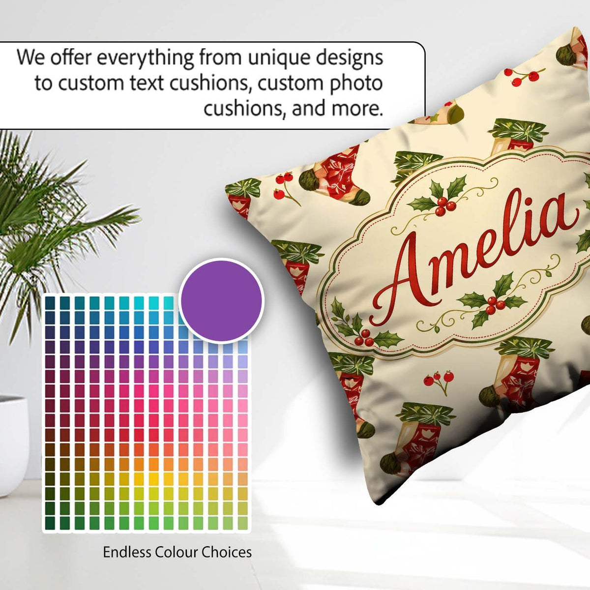Custom Name Watercolor Christmas Stockings Holly Berries Festive Square Filled Cushion Throw Pillow Sofa Bed Home Decor Zip Washable UK Made