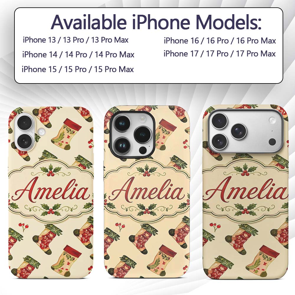 Watercolor Christmas Stockings with Holly Berries Custom Name Protective Phone Case Mobile Cover Durable Everyday Smartphone Shock Resistant