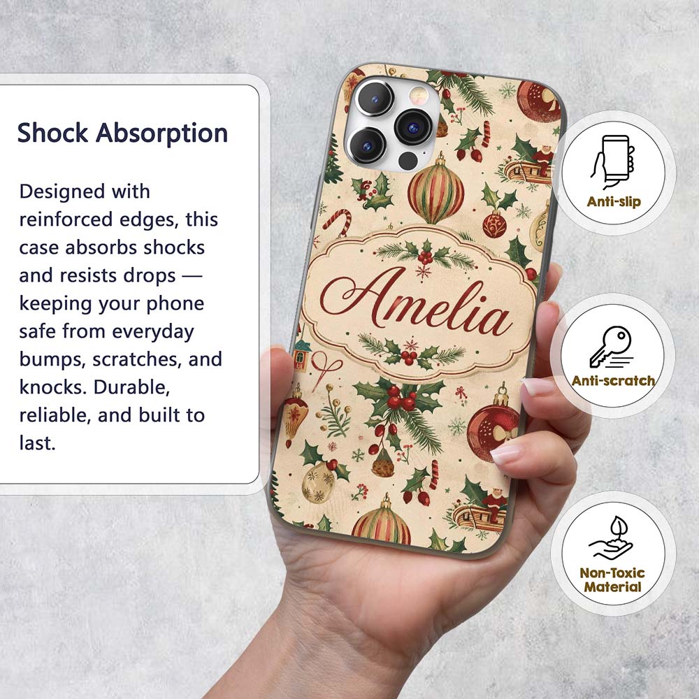 Vintage Christmas Baubles Holly Leaves and Winter Custom Name Protective Phone Case Mobile Cover Durable Everyday Smartphone Shock Resistant