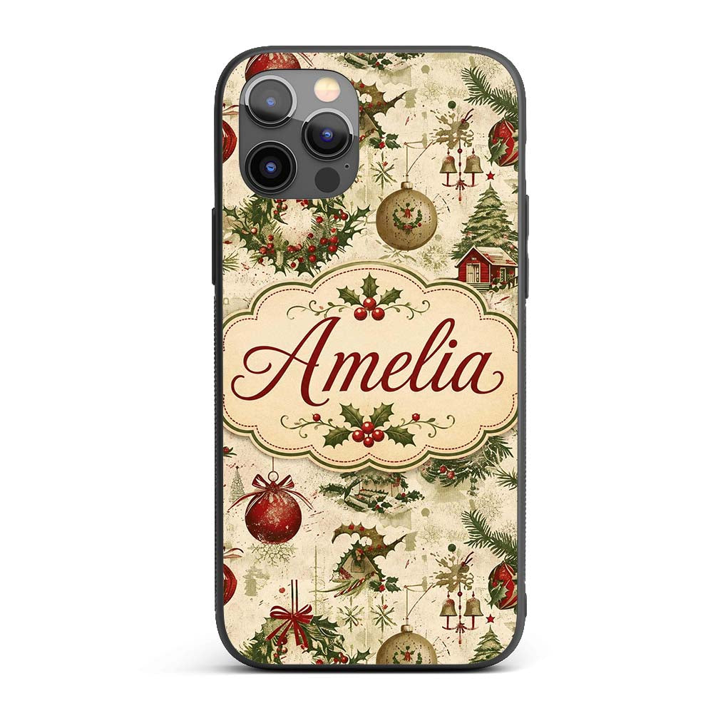 Vintage Christmas Wreaths Bells Baubles Seamless Custom Name Protective Phone Case Mobile Cover Durable Everyday Smartphone Shock Resistant