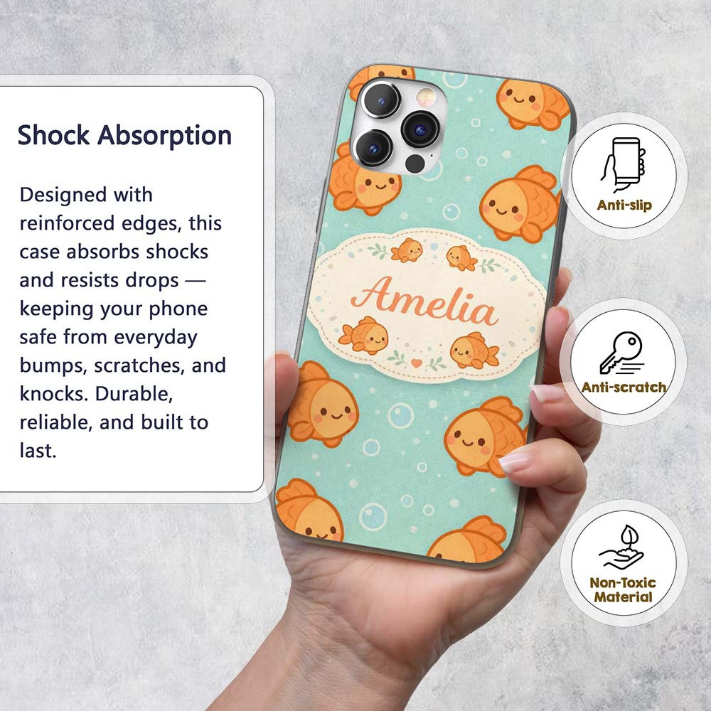 Cute Goldfish Cartoon Animal Ocean Printed Design Custom Name Protective Phone Case Mobile Cover Durable Everyday Smartphone Shock Resistant