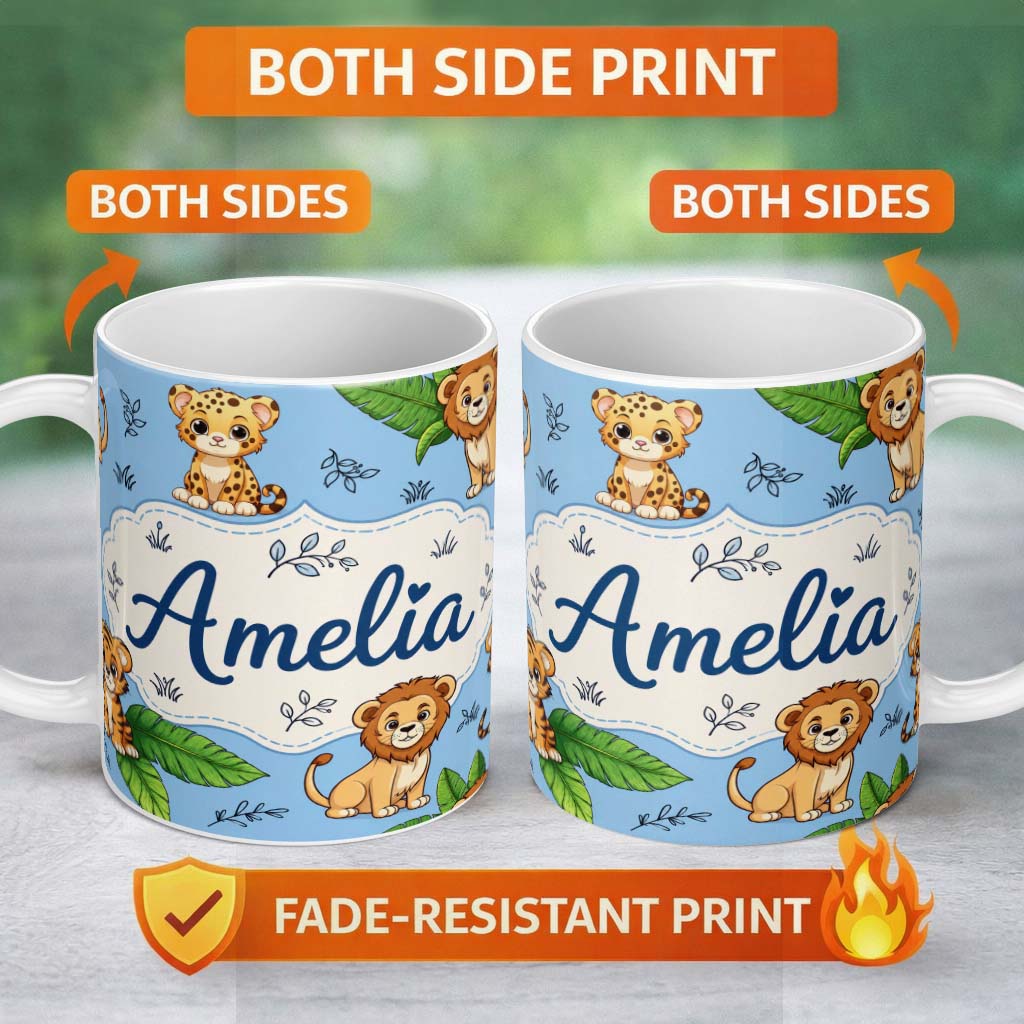 Personalized Custom Name Cute Jungle Animals Lion Tiger Leopard Tropical Leaves Sky Blue 11oz Ceramic Coffee Tea Mug White Large Handle