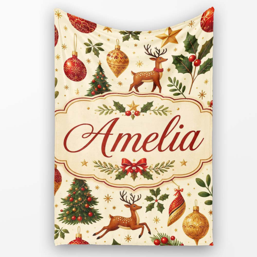 Festive Reindeer Christmas Trees Ornaments Seamless Pattern Holiday Personalised Custom Name Super Soft Fleece Blanket Bed Sofa Throw