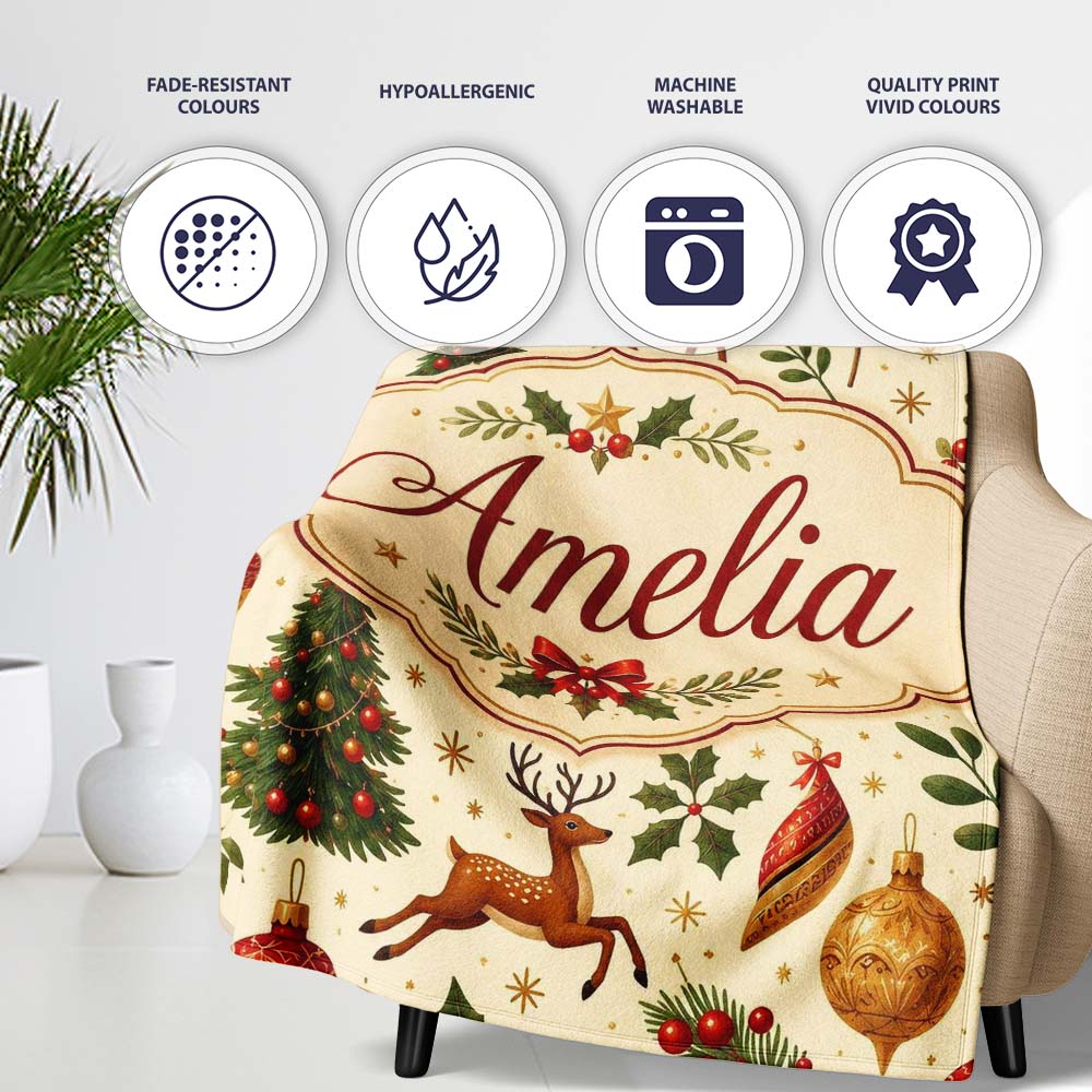 Festive Reindeer Christmas Trees Ornaments Seamless Pattern Holiday Personalised Custom Name Super Soft Fleece Blanket Bed Sofa Throw