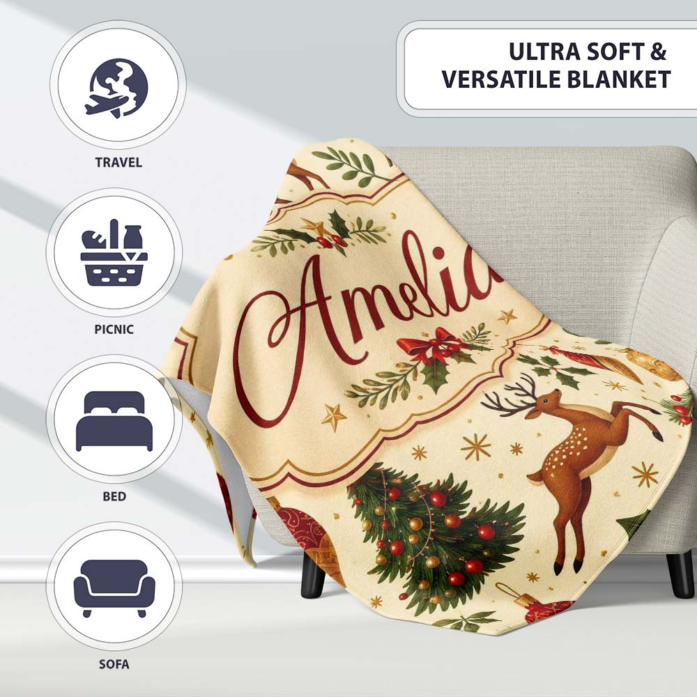 Festive Reindeer Christmas Trees Ornaments Seamless Pattern Holiday Personalised Custom Name Super Soft Fleece Blanket Bed Sofa Throw