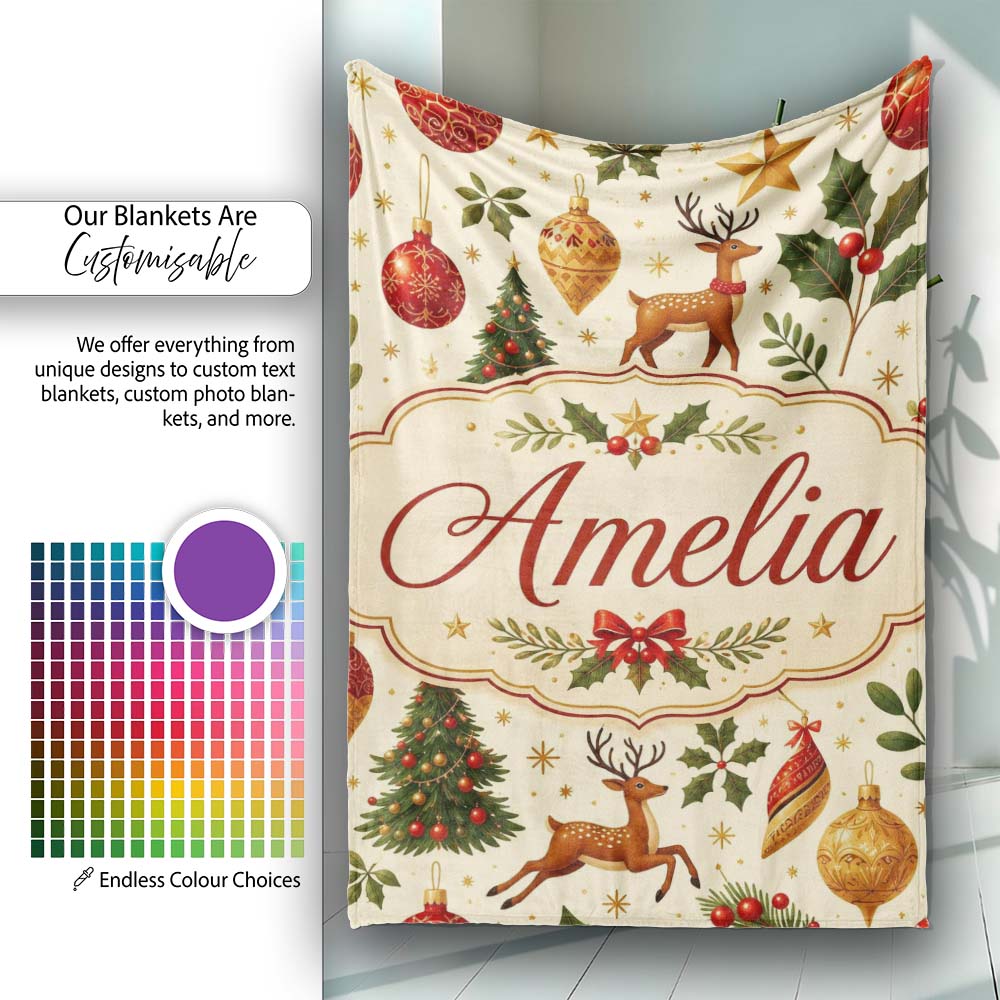 Festive Reindeer Christmas Trees Ornaments Seamless Pattern Holiday Personalised Custom Name Super Soft Fleece Blanket Bed Sofa Throw