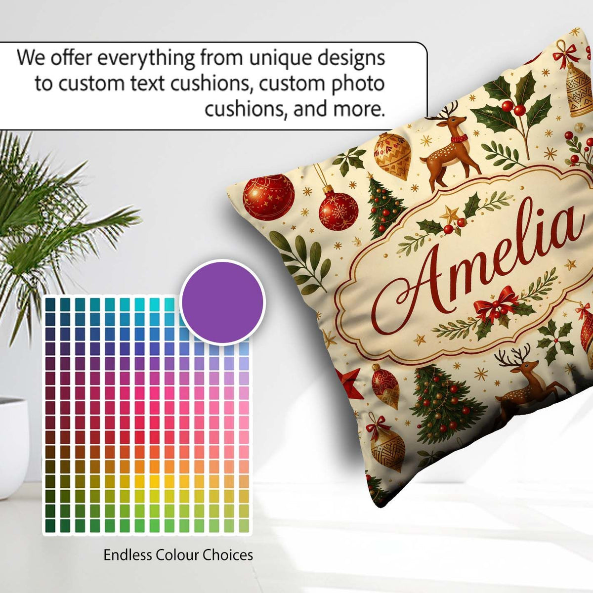Custom Name Festive Reindeer Christmas Ornaments Pattern Holiday Square Filled Cushion Throw Pillow Sofa Bed Home Decor Zip Washable UK Made