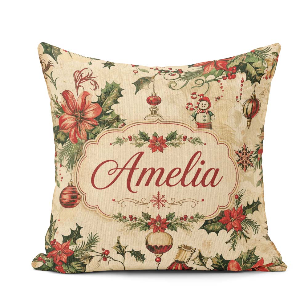 Custom Name Classic Christmas Poinsettia Baubles Pattern Festive Square Filled Cushion Throw Pillow Sofa Bed Home Decor Zip Washable UK Made