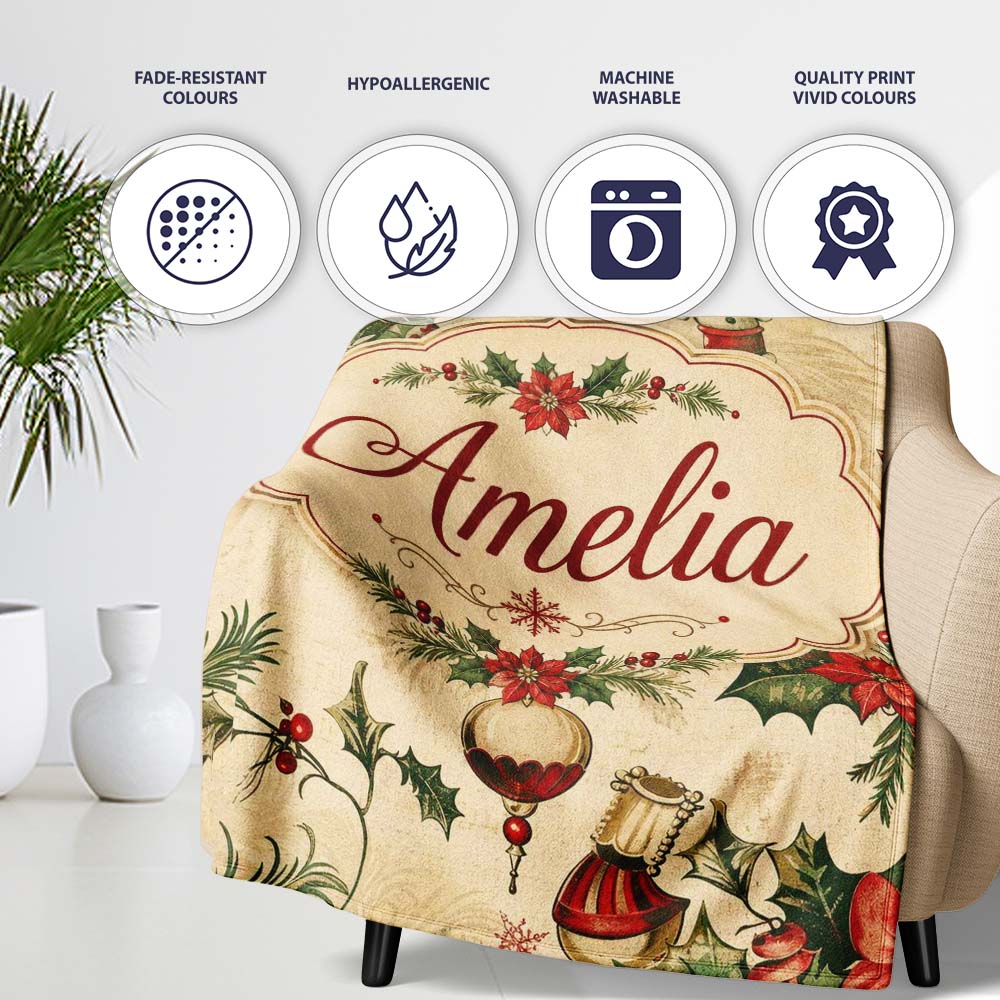 Classic Christmas Holly Poinsettia Baubles Seamless Pattern Festive Personalised Custom Name Super Soft Fleece Blanket Bed Sofa Throw