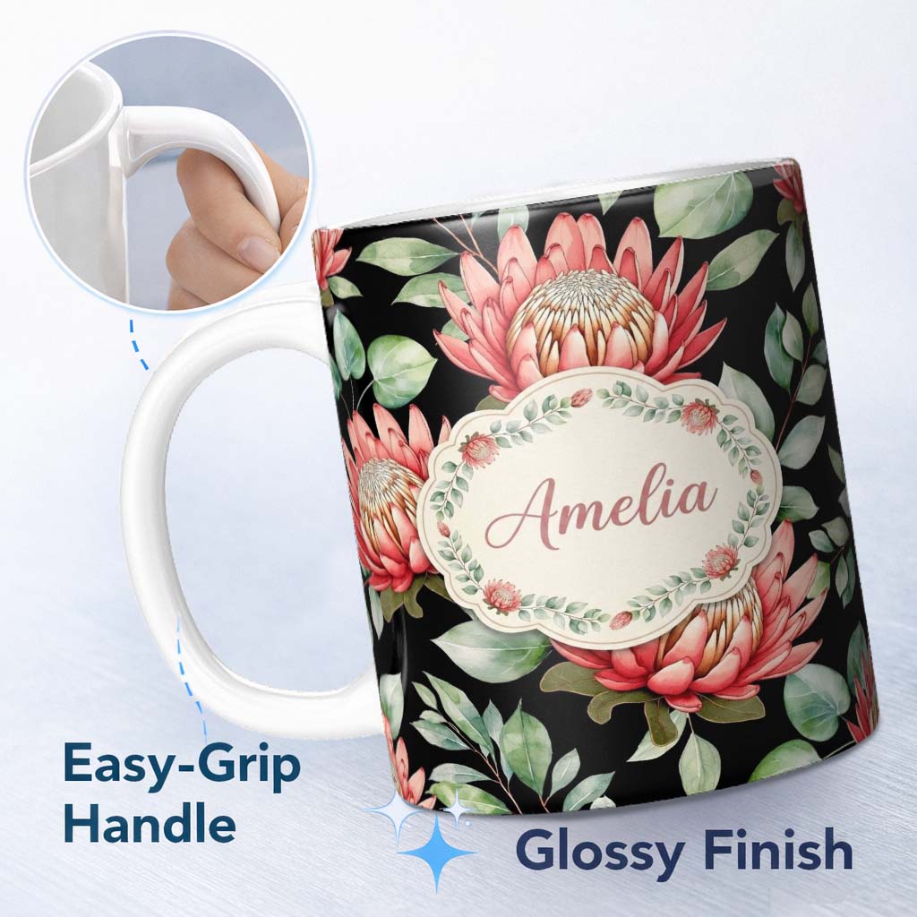 Personalized Custom Name Elegant Protea Flowers with Green Leaves on White Background Lovely 11oz Ceramic Coffee Tea Mug White Large Handle