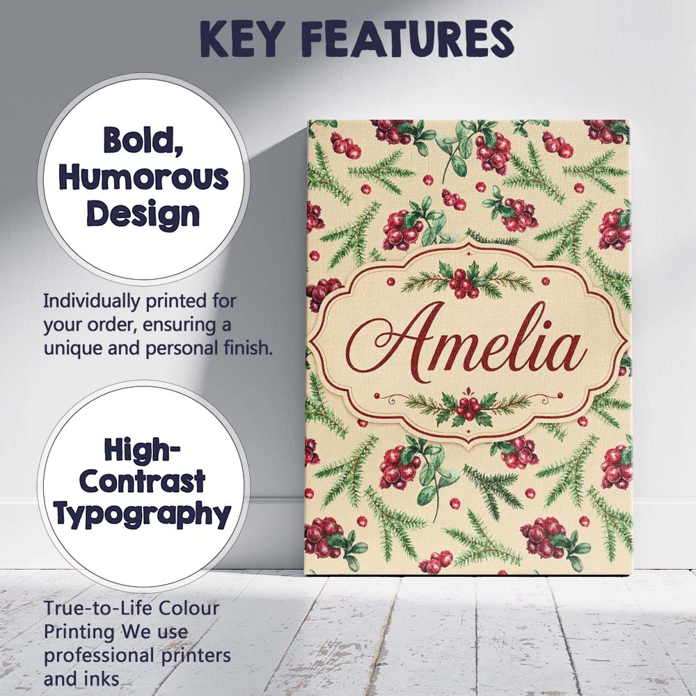 Personalised Name Watercolor Christmas Custom Modern Room Accent Elegant Feature Canvas Wall Art Print Decor Picture Ready to Hang