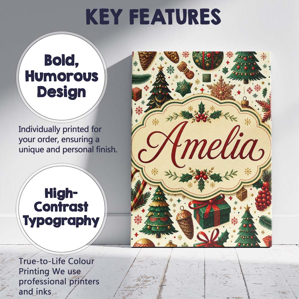 Personalised Name Traditional Christmas Custom Modern Room Accent Elegant Feature Canvas Wall Art Print Decor Picture Ready to Hang