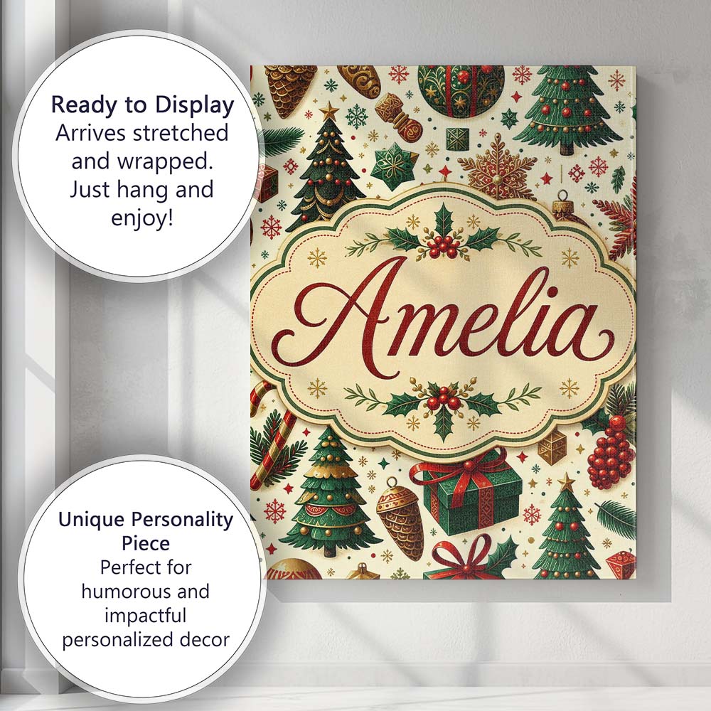 Personalised Name Traditional Christmas Custom Modern Room Accent Elegant Feature Canvas Wall Art Print Decor Picture Ready to Hang