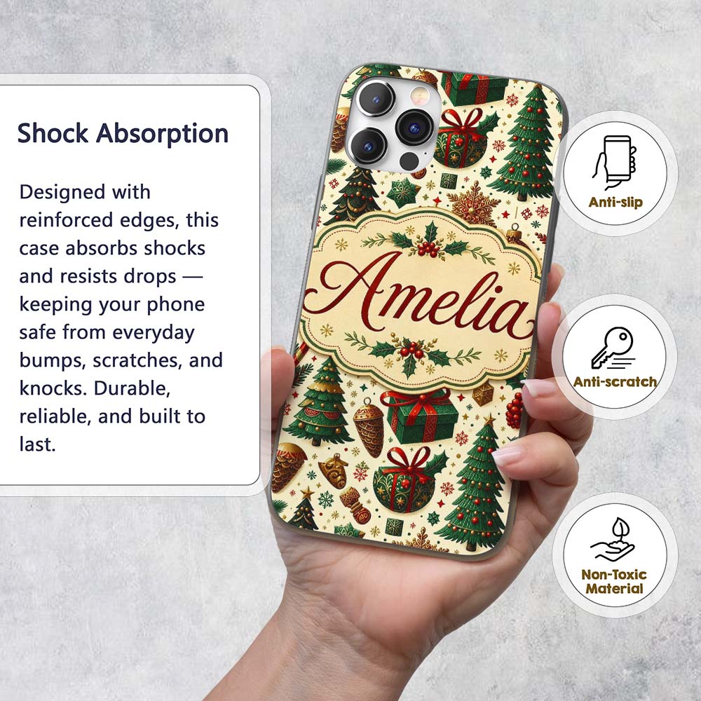 Traditional Christmas Tree Ornaments Candy Canes Custom Name Protective Phone Case Mobile Cover Durable Everyday Smartphone Shock Resistant