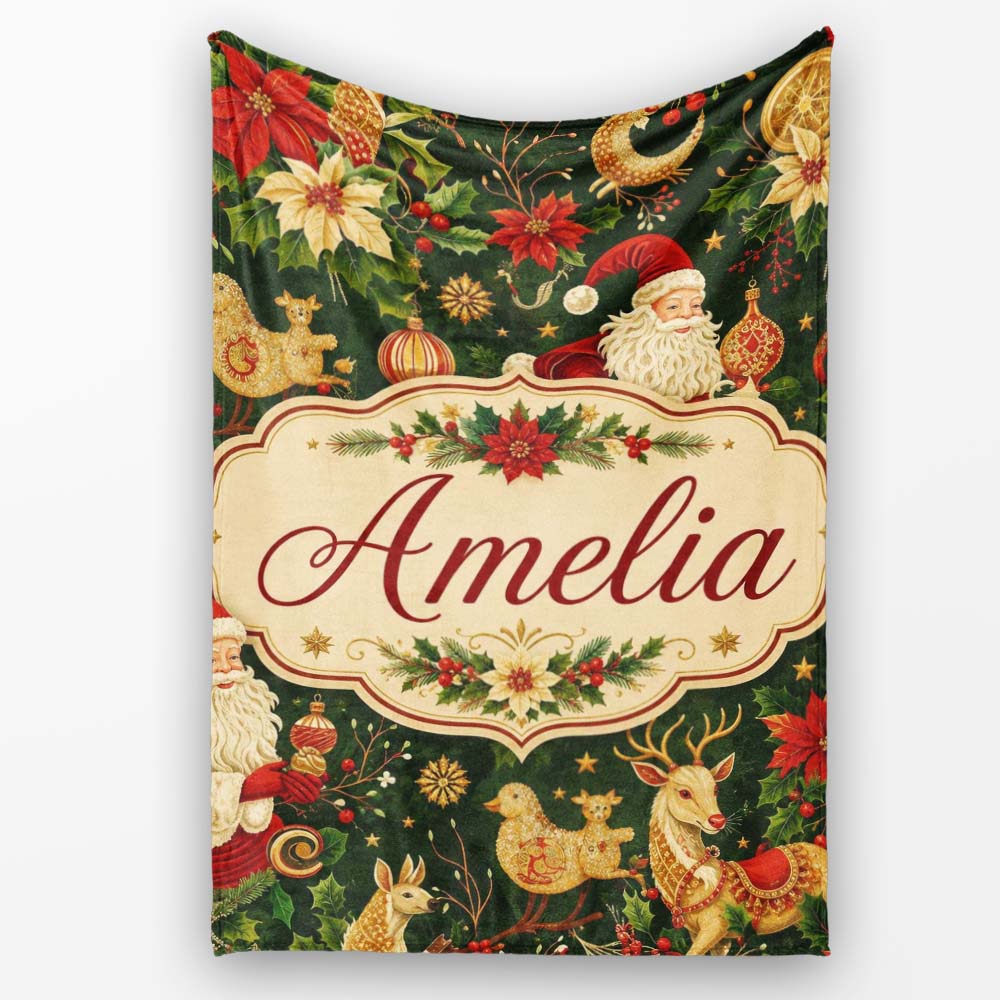 Vintage Santa Claus Reindeer Poinsettia Seamless Pattern Festive Personalised Custom Name Super Soft Fleece Blanket Bed Sofa Throw