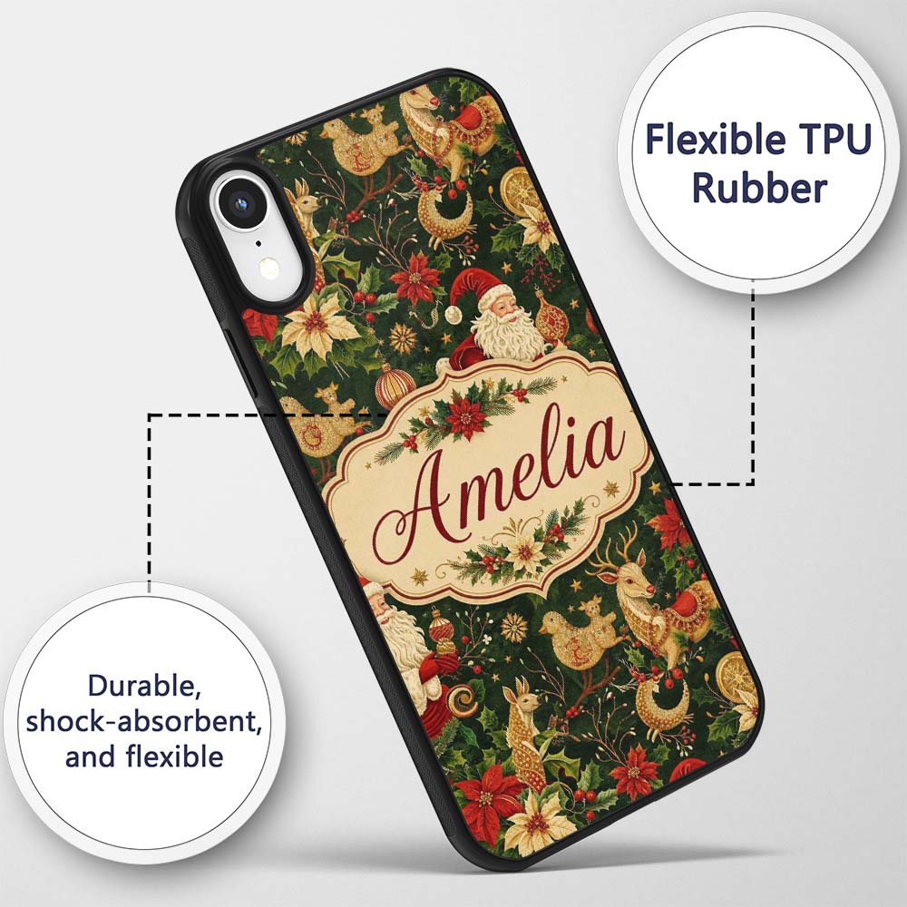 Vintage Santa Claus Reindeer Poinsettia Seamless Custom Name Protective Phone Case Mobile Cover Durable Everyday Smartphone Shock Resistant