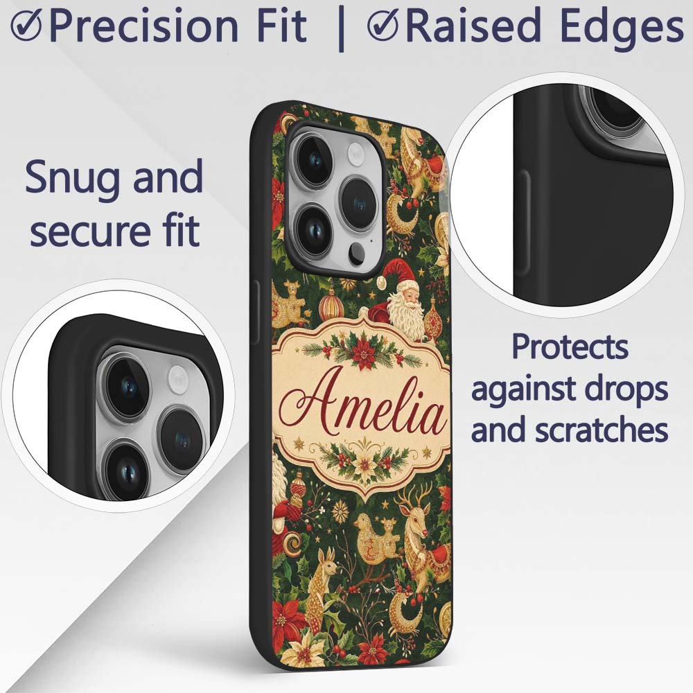 Vintage Santa Claus Reindeer Poinsettia Seamless Custom Name Protective Phone Case Mobile Cover Durable Everyday Smartphone Shock Resistant