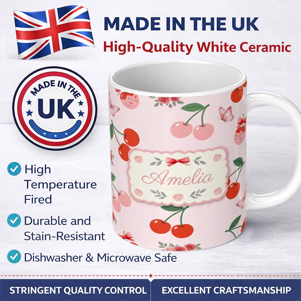 Personalized Custom Name Cute Cherry Fruit with Bow and Sprinkles Seamless Pattern Soft Pink 11oz Ceramic Coffee Tea Mug White Large Handle