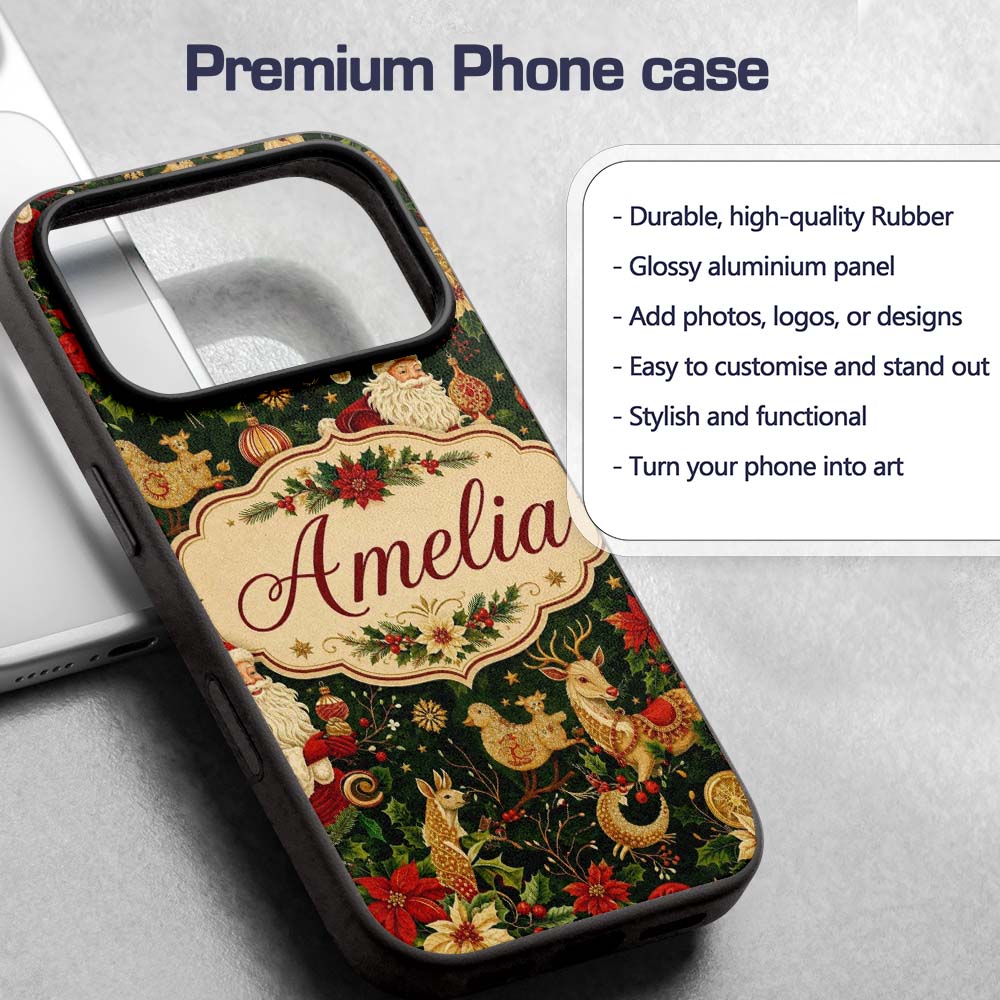 Vintage Santa Claus Reindeer Poinsettia Seamless Custom Name Protective Phone Case Mobile Cover Durable Everyday Smartphone Shock Resistant