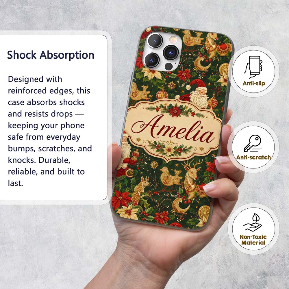 Vintage Santa Claus Reindeer Poinsettia Seamless Custom Name Protective Phone Case Mobile Cover Durable Everyday Smartphone Shock Resistant