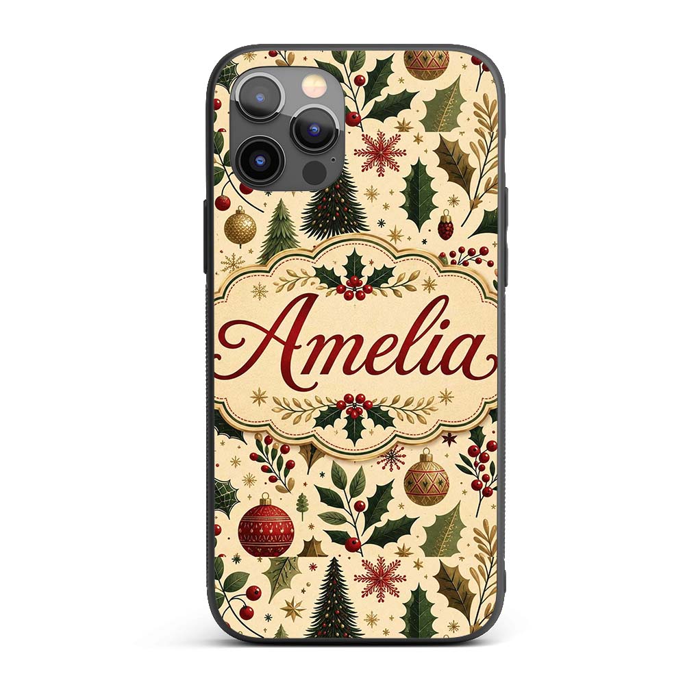 Vintage Christmas Trees Holly Berries Baubles Custom Name Protective Phone Case Mobile Cover Durable Everyday Smartphone Shock Resistant