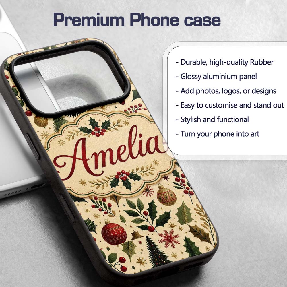 Vintage Christmas Trees Holly Berries Baubles Custom Name Protective Phone Case Mobile Cover Durable Everyday Smartphone Shock Resistant