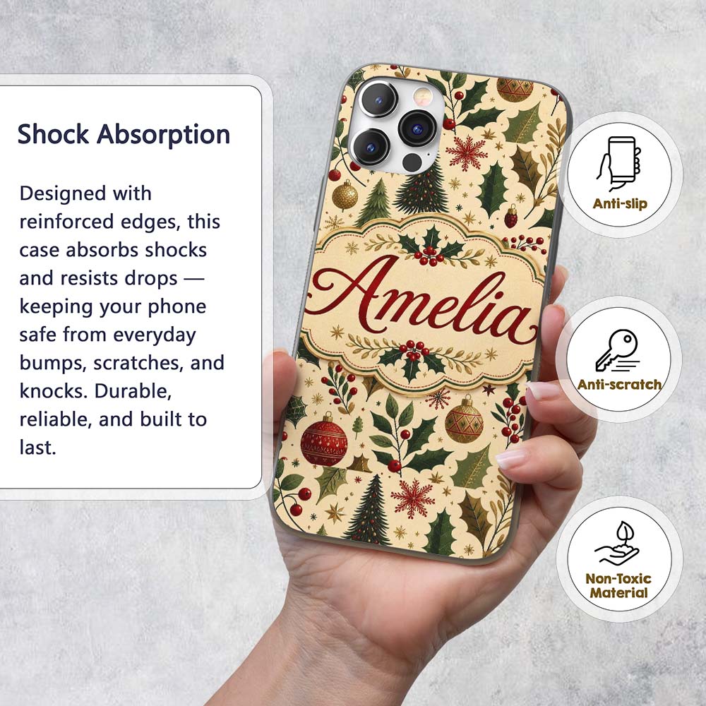 Vintage Christmas Trees Holly Berries Baubles Custom Name Protective Phone Case Mobile Cover Durable Everyday Smartphone Shock Resistant