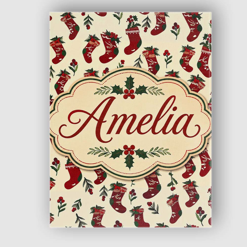 Personalised Name Christmas Stockings Holly Custom Bespoke Interior Contemporary Canvas Wall Art Print Decor Picture Ready to Hang