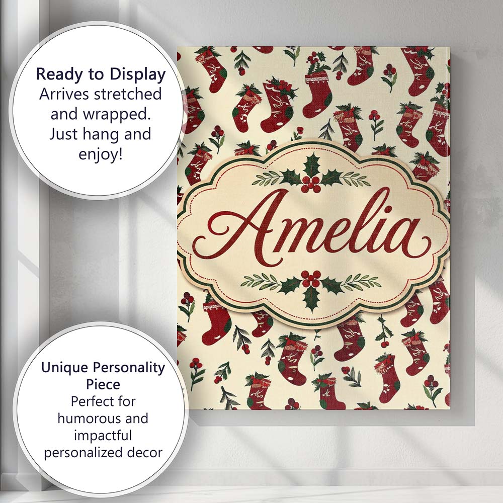 Personalised Name Christmas Stockings Holly Custom Bespoke Interior Contemporary Canvas Wall Art Print Decor Picture Ready to Hang