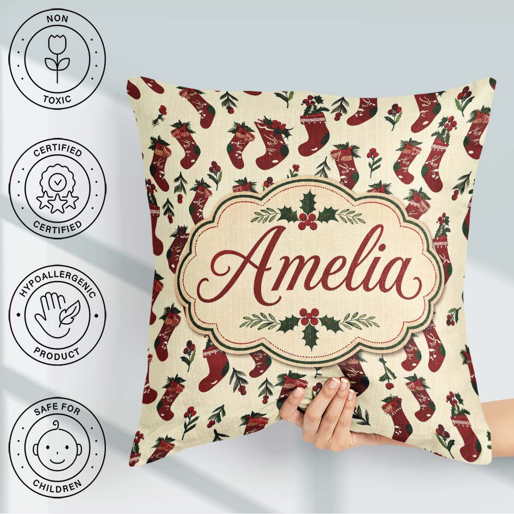 Custom Name Christmas Stockings Berries Seamless Pattern Festive Square Filled Cushion Throw Pillow Sofa Bed Home Decor Zip Washable UK Made