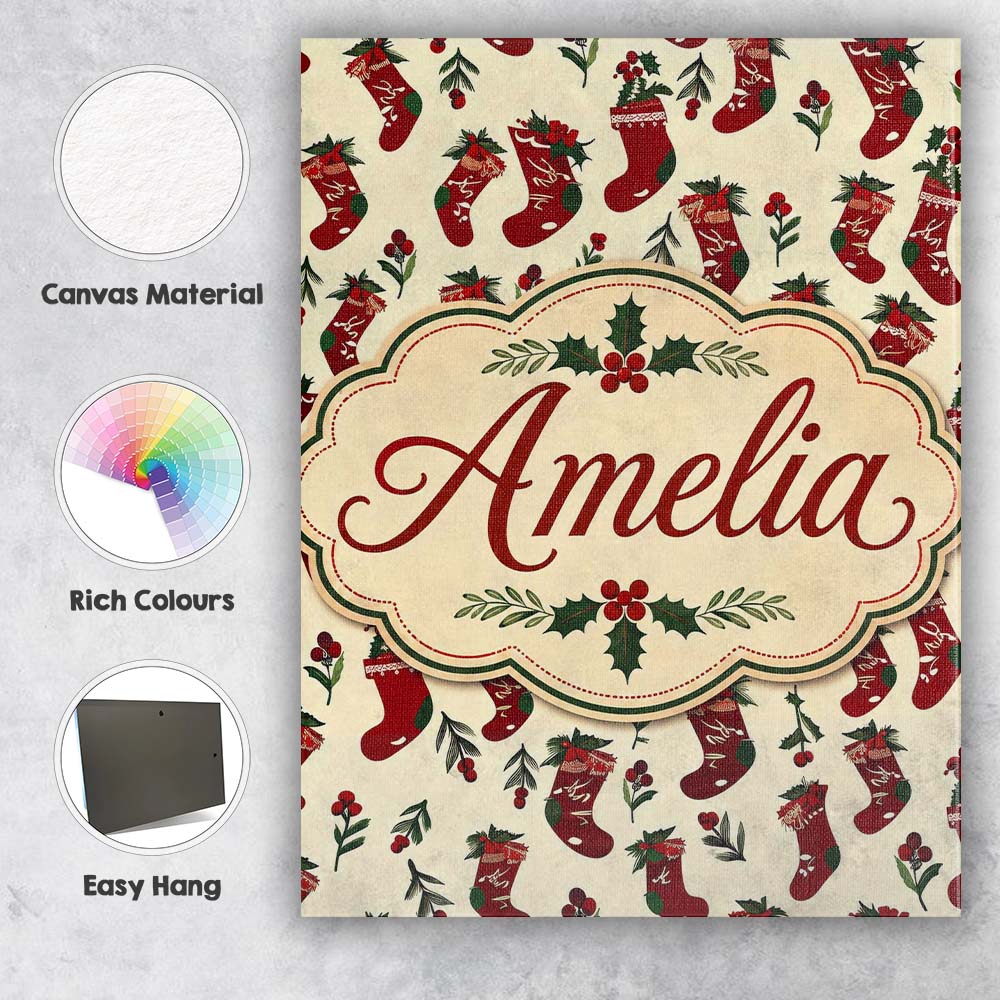 Personalised Name Christmas Stockings Holly Custom Bespoke Interior Contemporary Canvas Wall Art Print Decor Picture Ready to Hang
