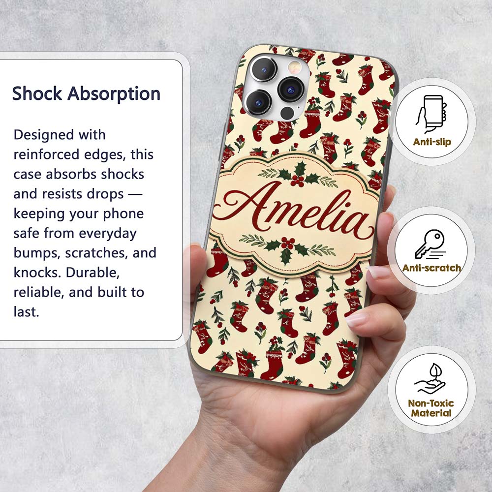 Christmas Stockings Holly Berries Printed Design Custom Name Protective Phone Case Mobile Cover Durable Everyday Smartphone Shock Resistant